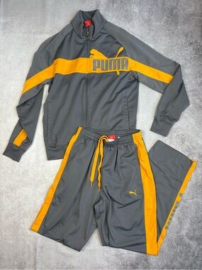 Puma Tricot Track Suit Logo Set In Gray & Orange Jacket and Tracksuit Pants